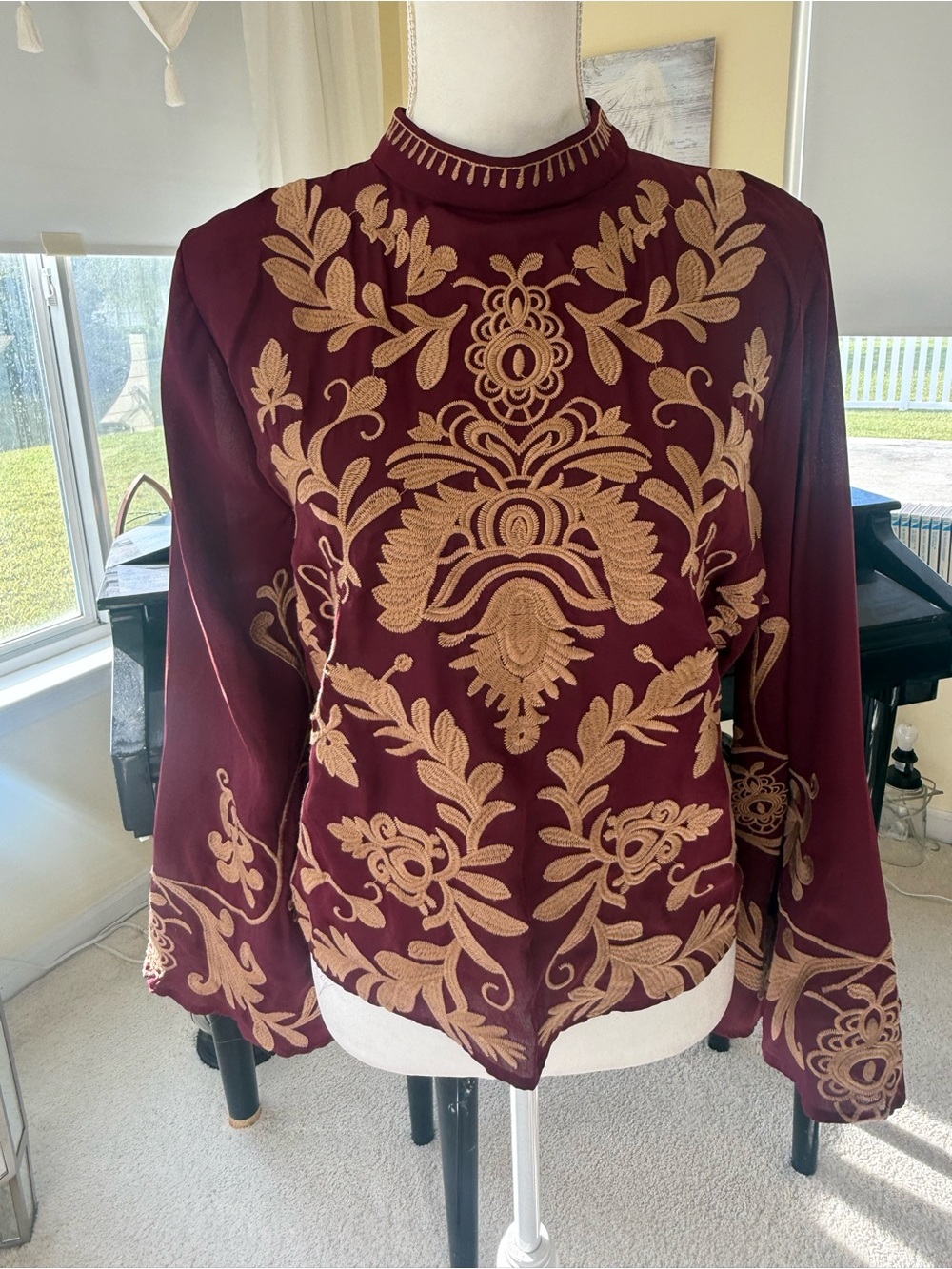 Gimmicks burgundy hi neck top golden brown embroidery dramatic long bell sleeves